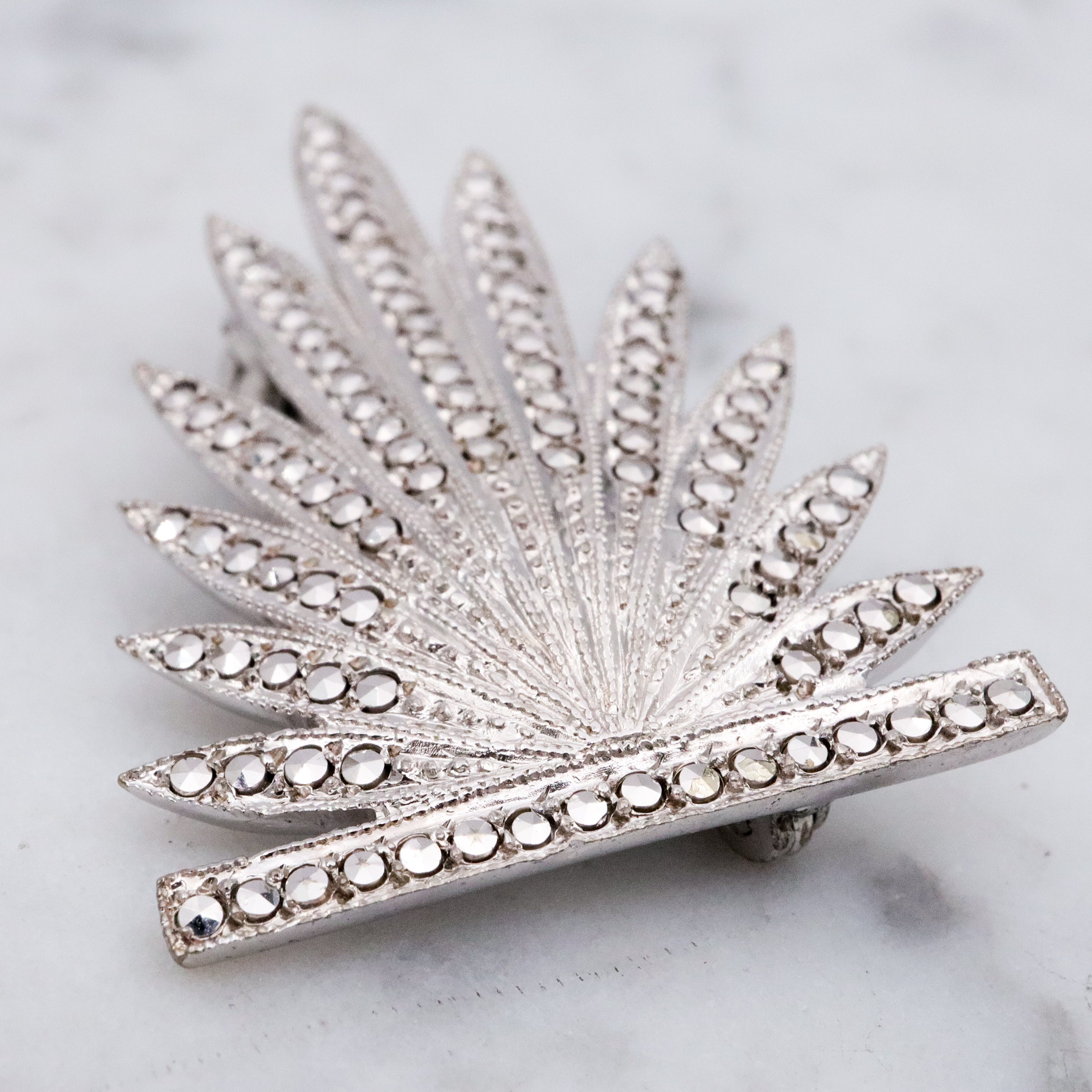 Antique Art Deco sterling marcasite leaf frond brooch